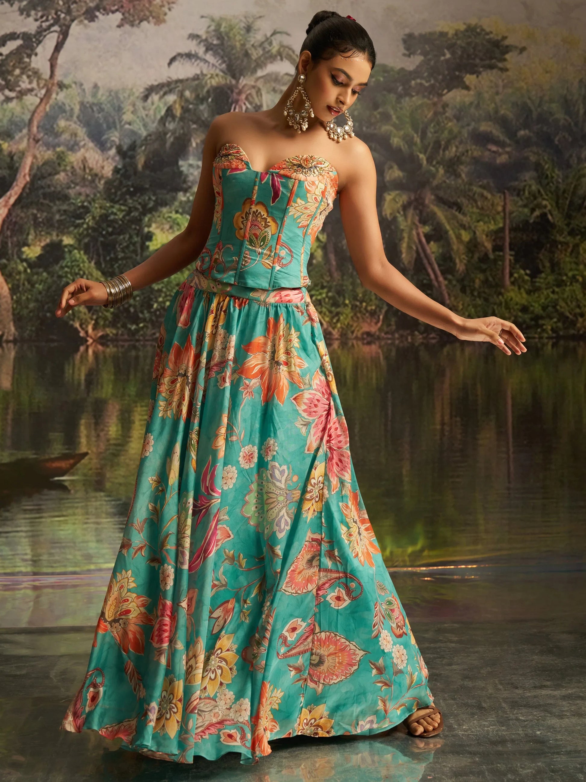 Sensational Mint Blue Floral Printed Georgette Party Wear Lehenga With Co-Ord Blouse