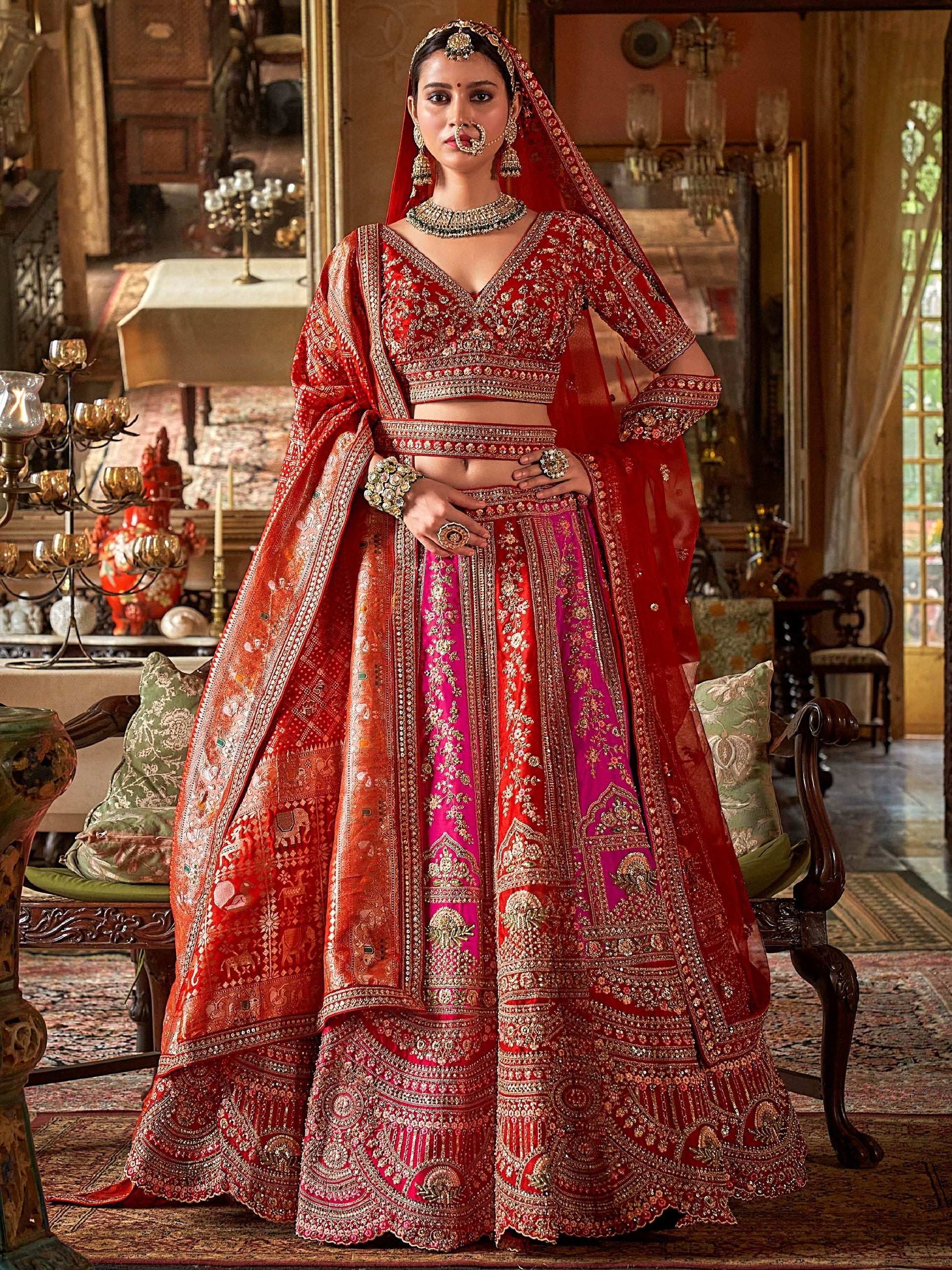 Sensational Pink & Red Pearl Work Silk Bridal Lehenga Choli With Double Dupatta