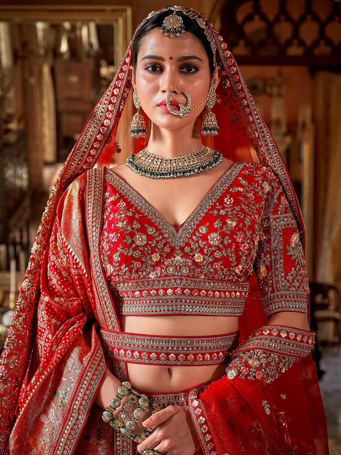 Sensational Pink & Red Pearl Work Silk Bridal Lehenga Choli With Double Dupatta