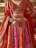 Sensational Pink & Red Pearl Work Silk Bridal Lehenga Choli With Double Dupatta