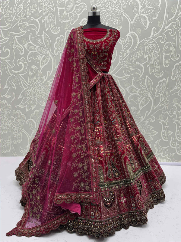 Sensational Pink Dori Work Velvet Bridal Lehenga Choli With Double Dupatta - Zeel Clothing