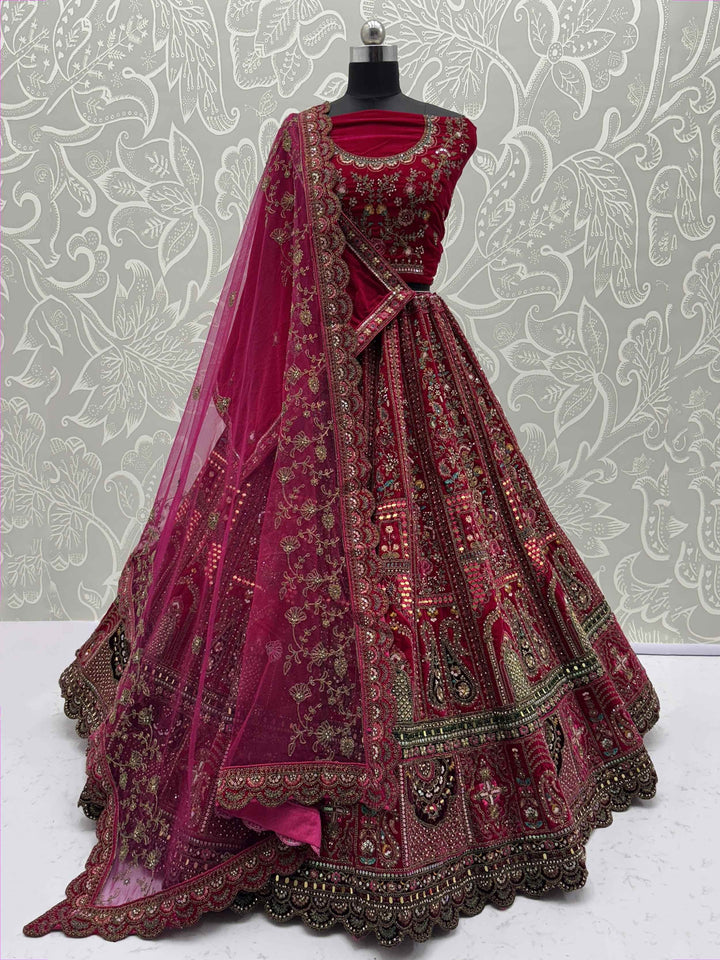Sensational Pink Dori Work Velvet Bridal Lehenga Choli With Double Dupatta - Zeel Clothing