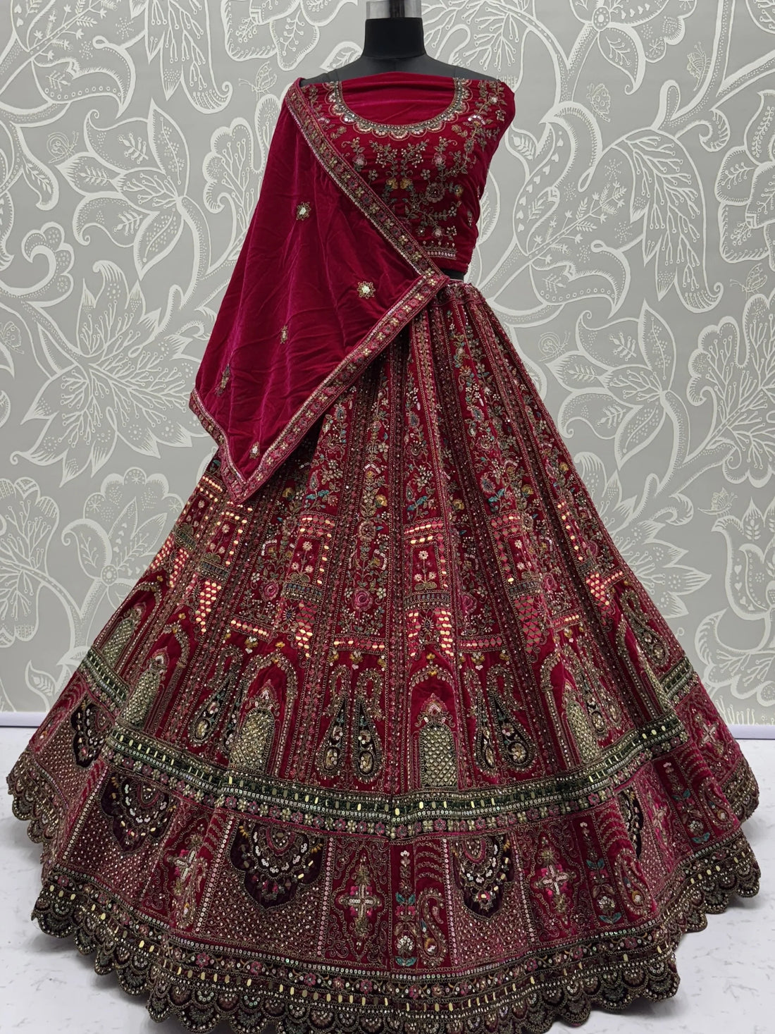 Sensational Pink Dori Work Velvet Bridal Lehenga Choli With Double Dupatta - Zeel Clothing