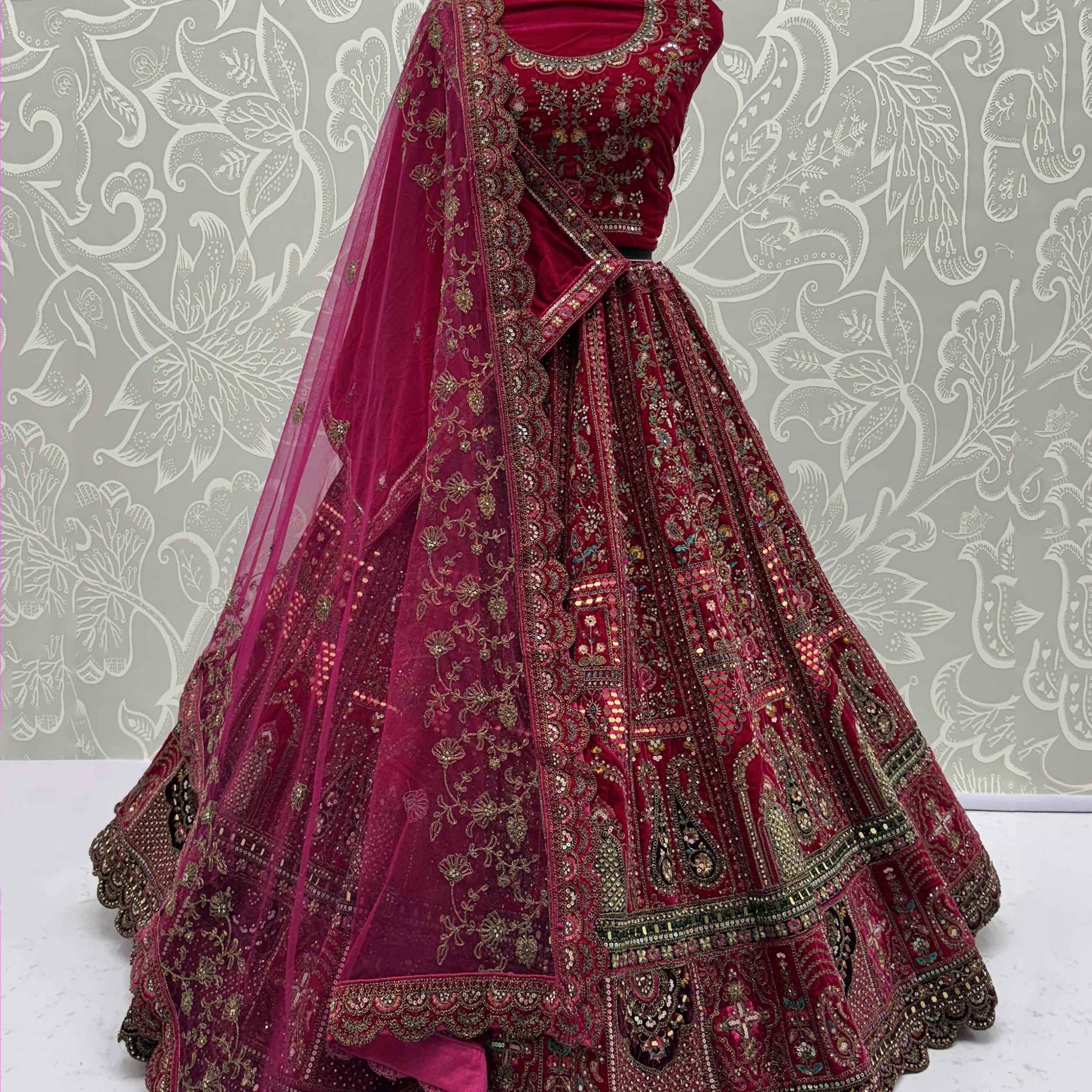 Sensational Pink Dori Work Velvet Bridal Lehenga Choli With Double Dupatta - Zeel Clothing
