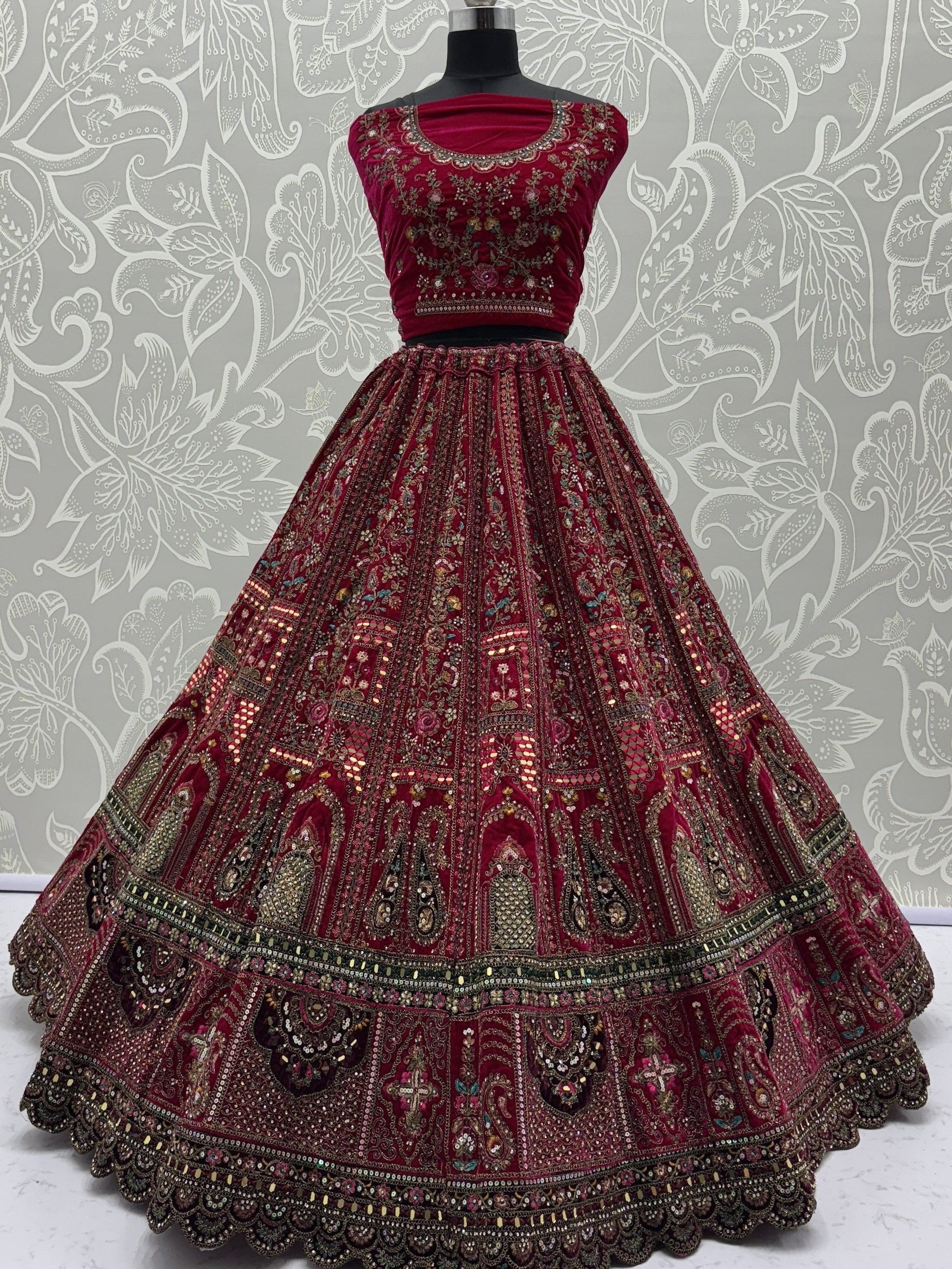 Sensational Pink Dori Work Velvet Bridal Lehenga Choli With Double Dupatta - Zeel Clothing