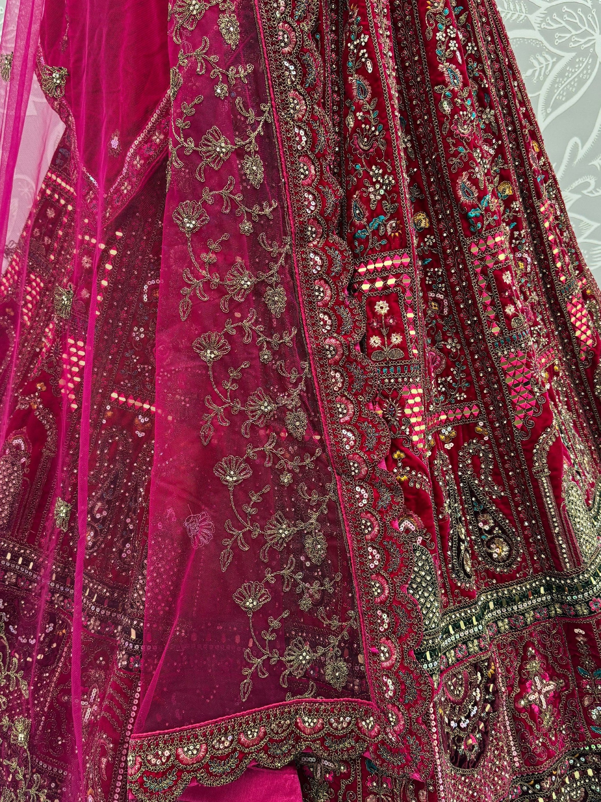 Sensational Pink Dori Work Velvet Bridal Lehenga Choli With Double Dupatta - Zeel Clothing
