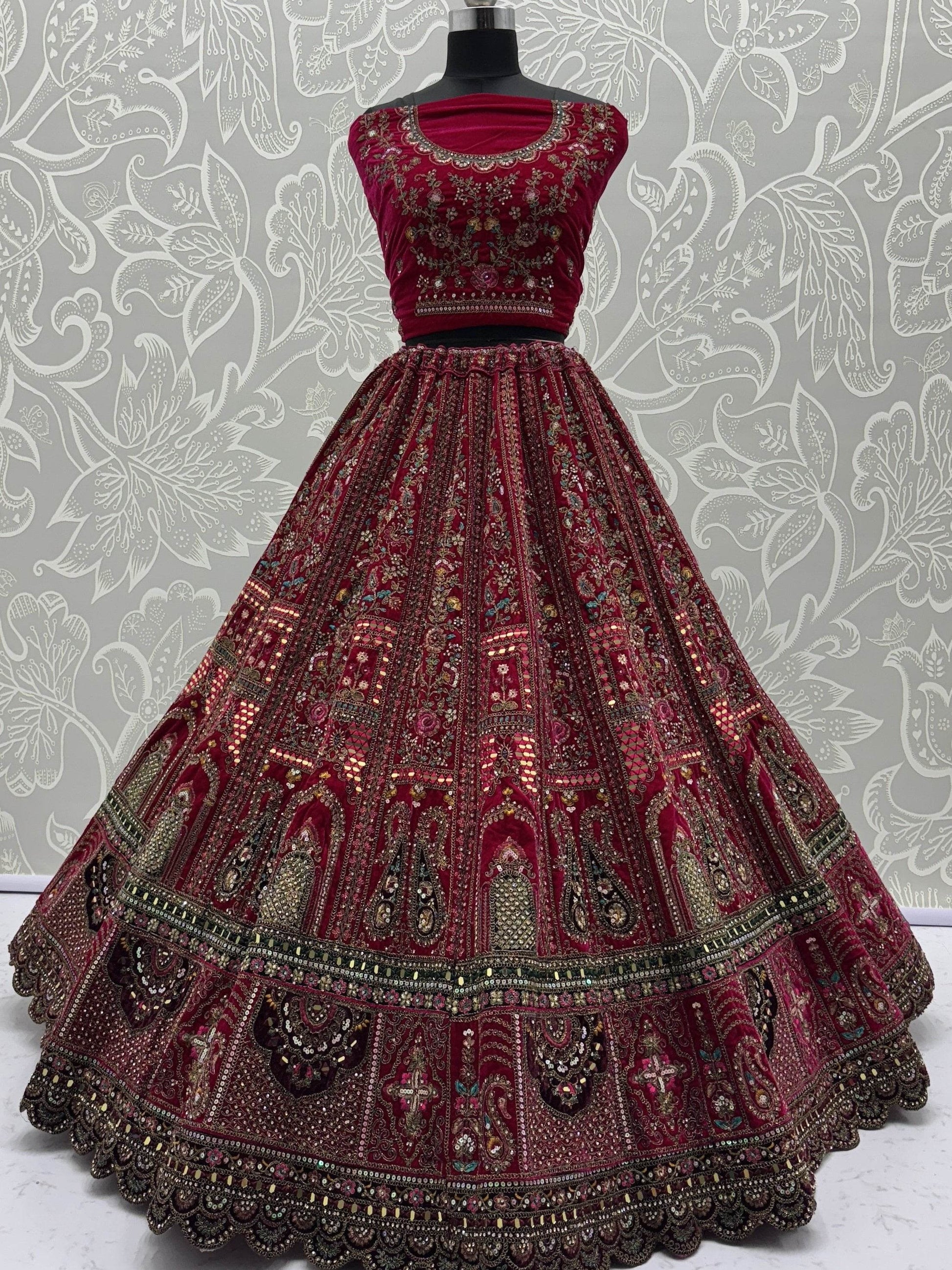Sensational Pink Dori Work Velvet Bridal Lehenga Choli With Double Dupatta - Zeel Clothing