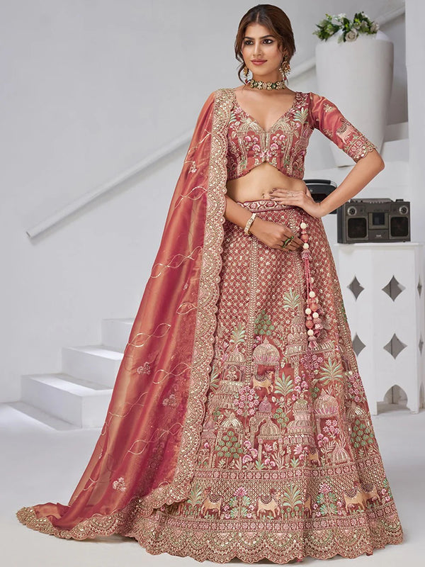 Sensational Pink Thread Work Organza Bridal Lehenga Choli With Dupatta