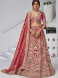 Sensational Pink Thread Work Organza Bridal Lehenga Choli With Dupatta