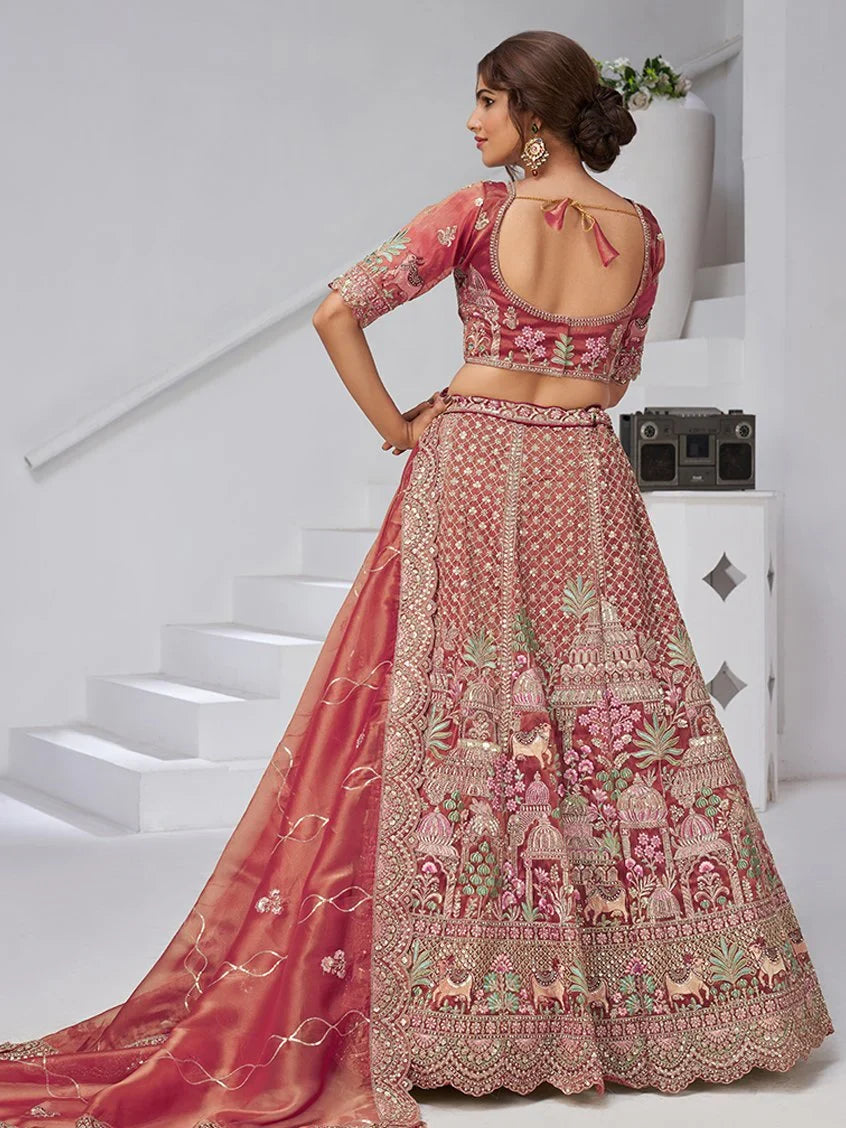 Sensational Pink Thread Work Organza Bridal Lehenga Choli With Dupatta