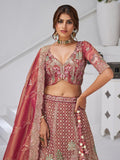 Sensational Pink Thread Work Organza Bridal Lehenga Choli With Dupatta