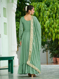 Sensational Pista Green Sequins Silk Mehendi Wear Gown With Dupatta