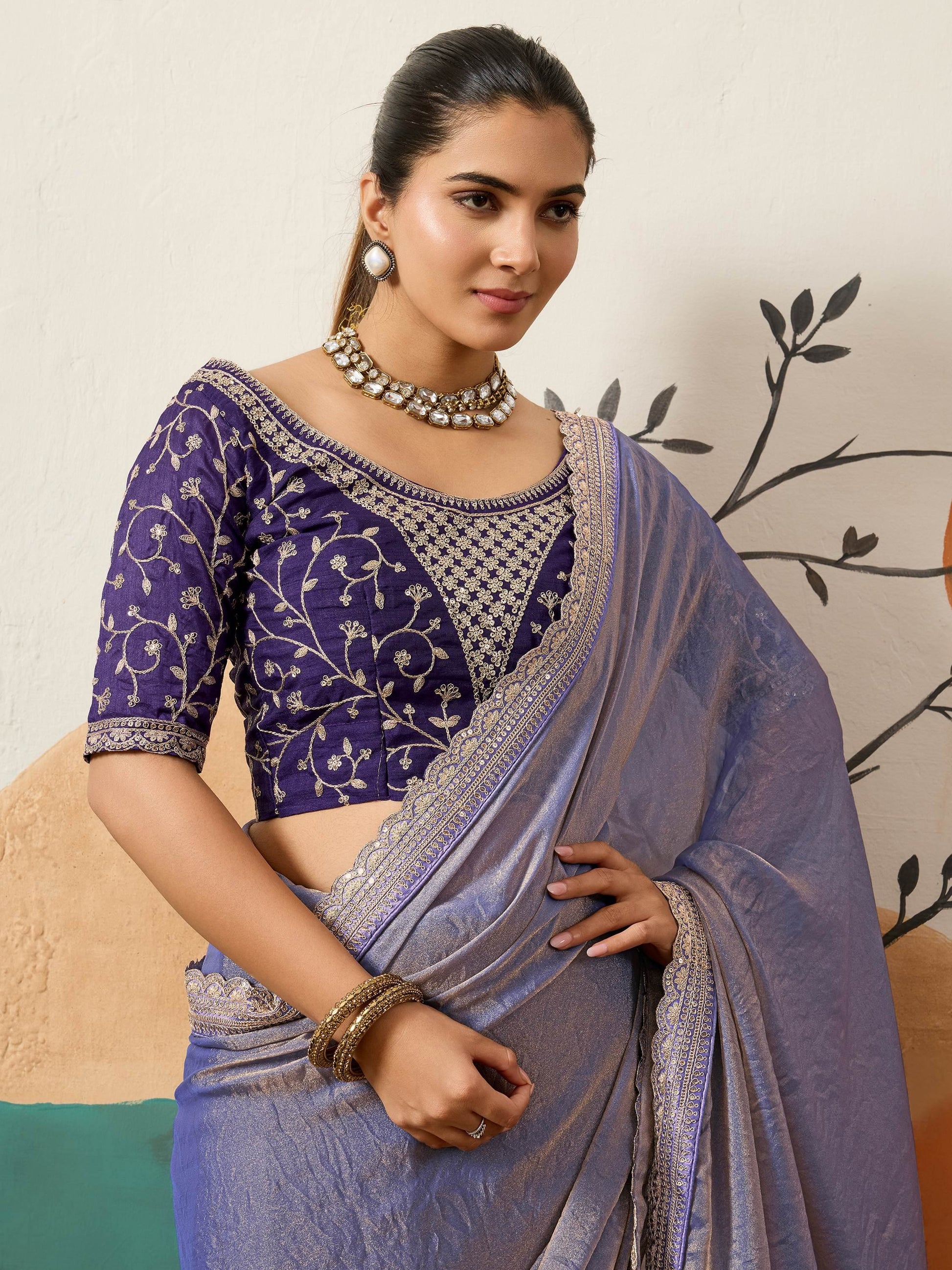 Sensational Purple Cording Work Silk Festive Wear Saree With Blouse