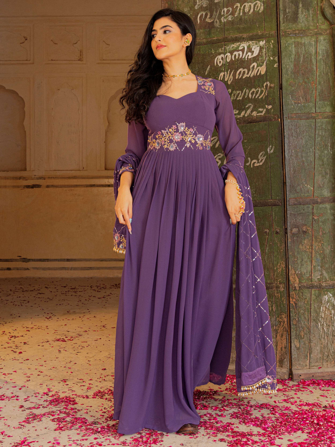 Sensational Purple Georgette Wedding Wear Gown With Sequins Embroidery Dupatta