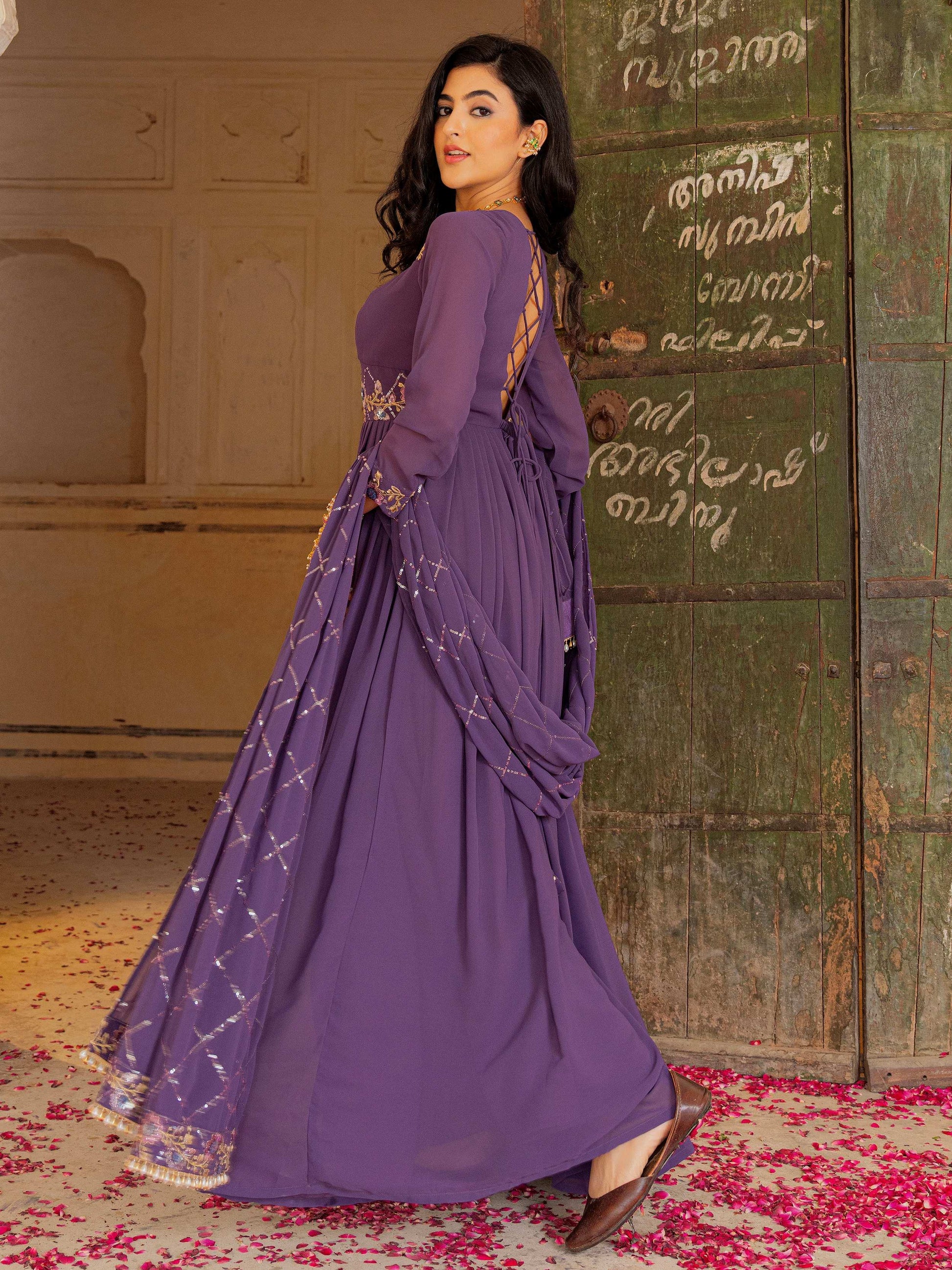 Sensational Purple Georgette Wedding Wear Gown With Sequins Embroidery Dupatta