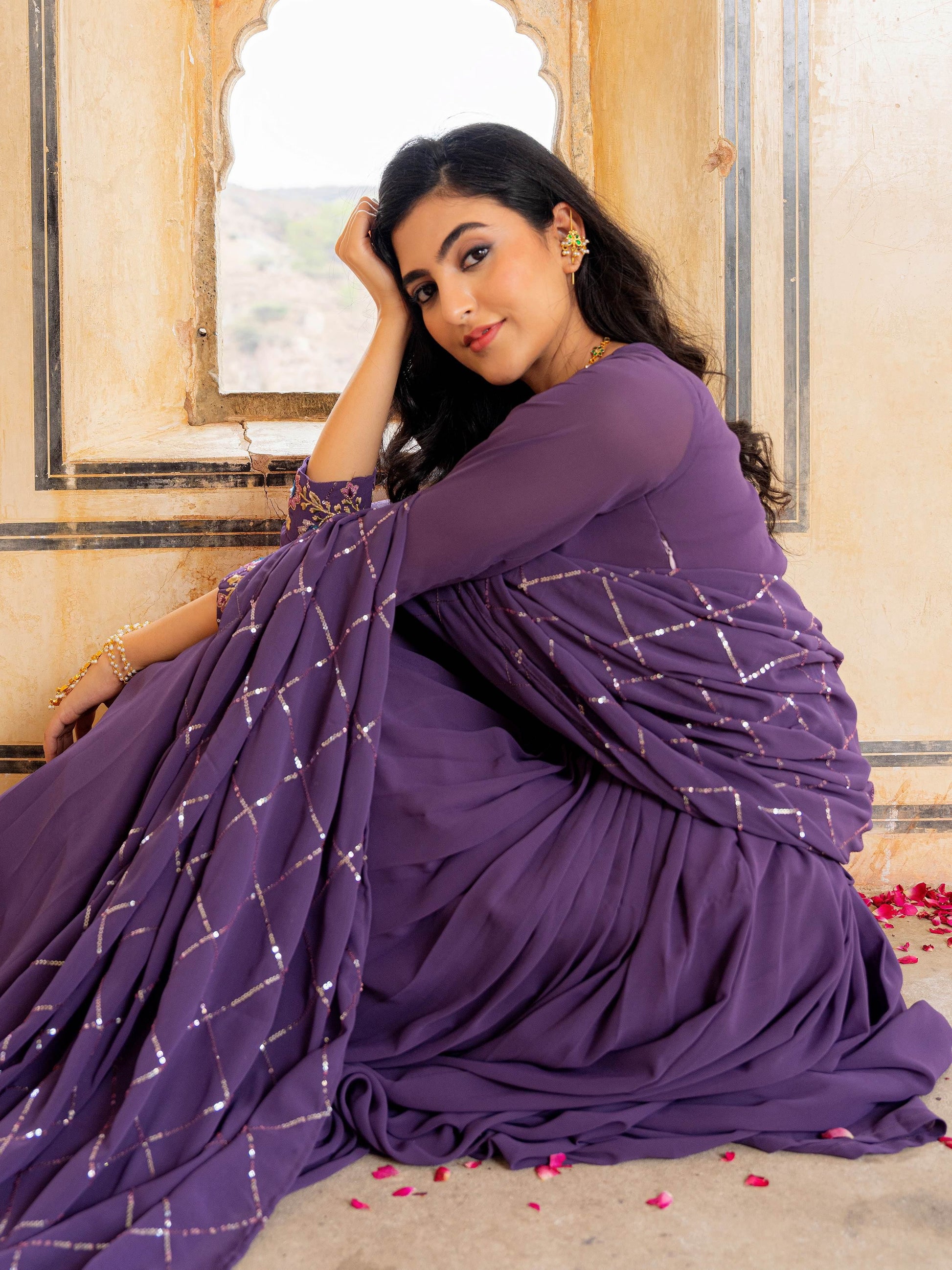 Sensational Purple Georgette Wedding Wear Gown With Sequins Embroidery Dupatta