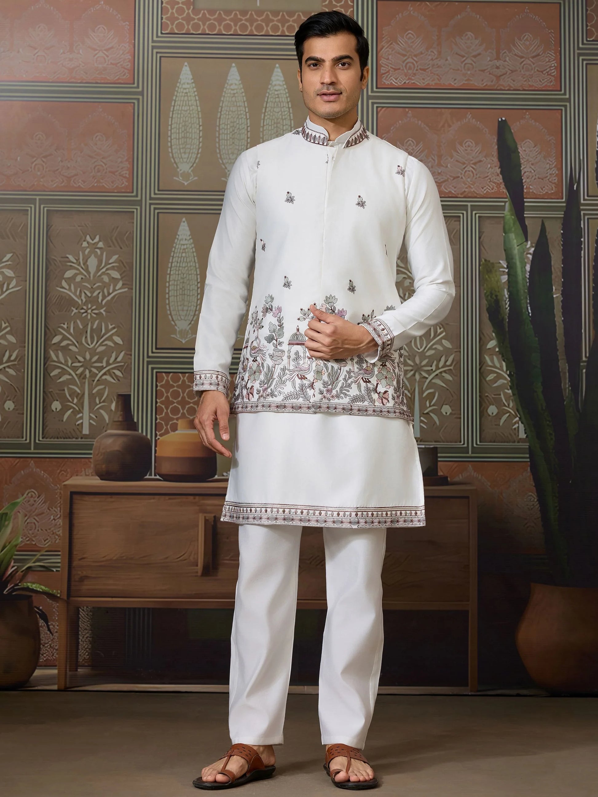 Sensational White Thread Work Silk Festive Wear Men Kurta Pant With Jacket