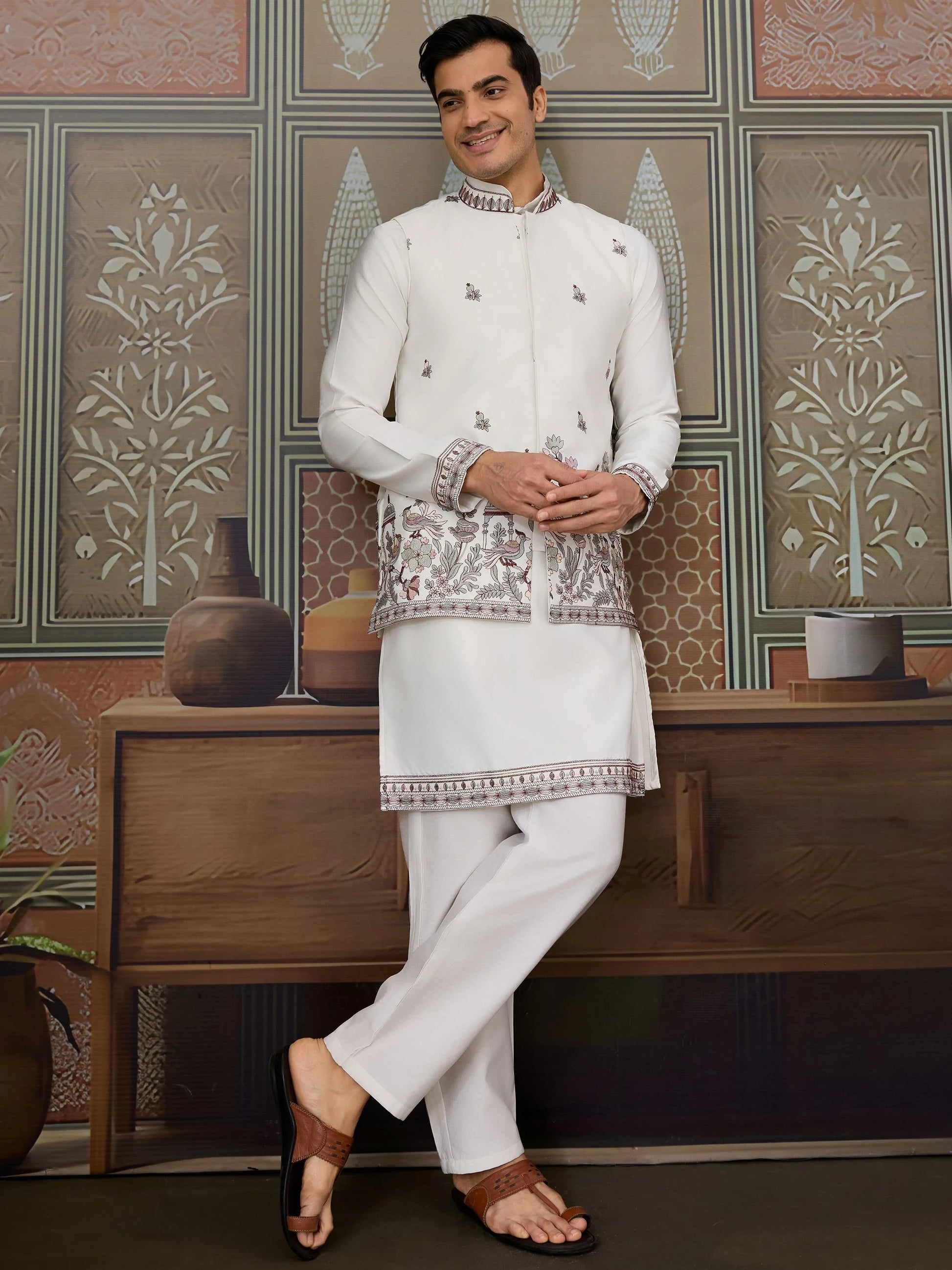Sensational White Thread Work Silk Festive Wear Men Kurta Pant With Jacket