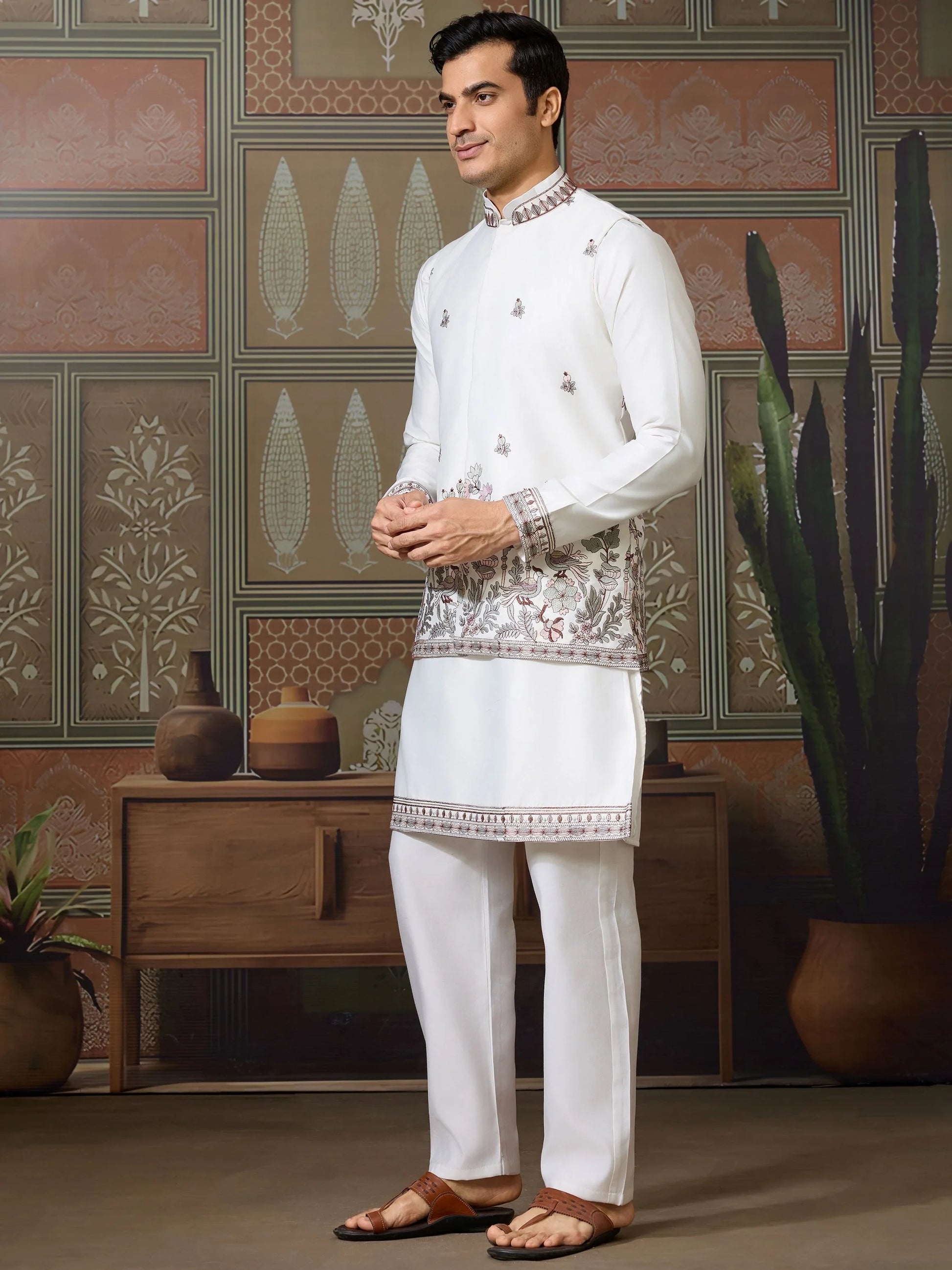 Sensational White Thread Work Silk Festive Wear Men Kurta Pant With Jacket