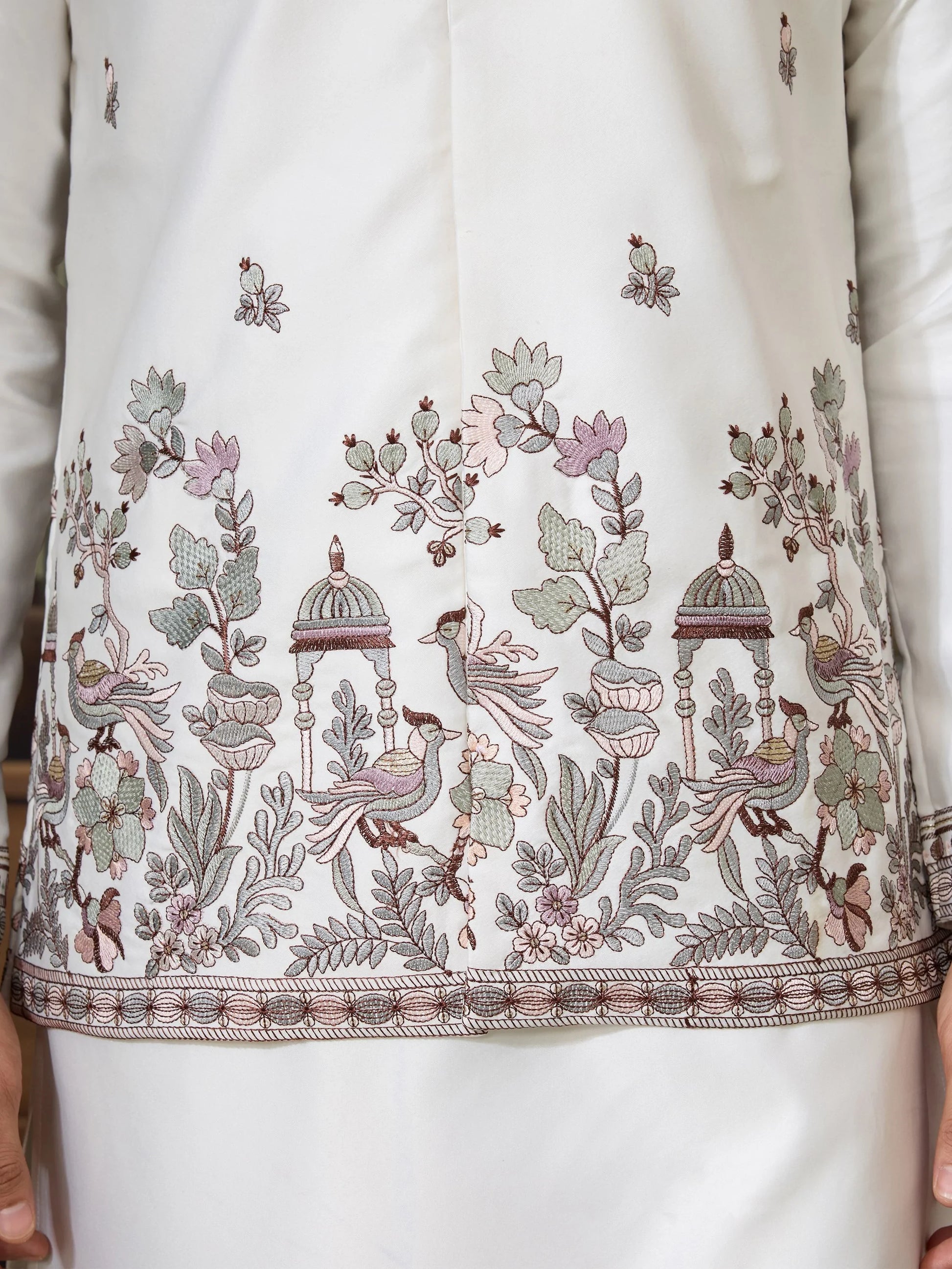 Sensational White Thread Work Silk Festive Wear Men Kurta Pant With Jacket