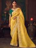 Sensational Yellow Border Work Silk Haldi Wear Saree With Blouse