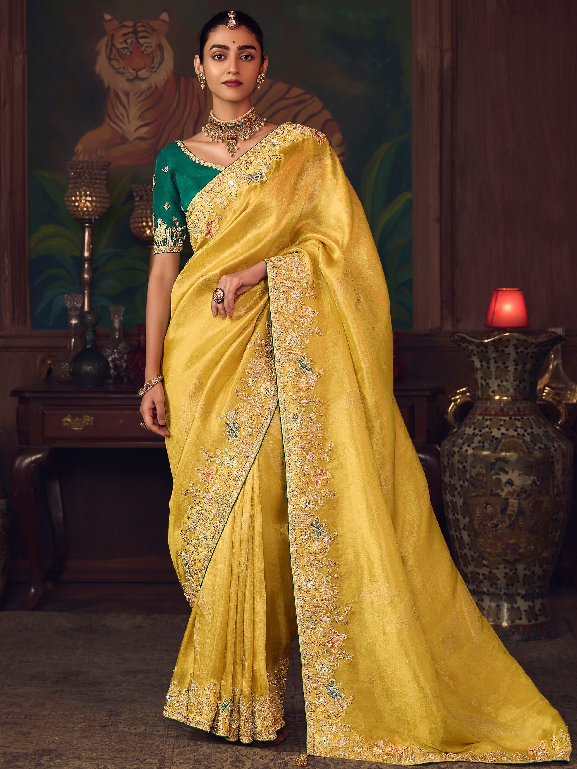 Sensational Yellow Border Work Silk Haldi Wear Saree With Blouse