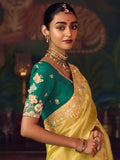 Sensational Yellow Border Work Silk Haldi Wear Saree With Blouse