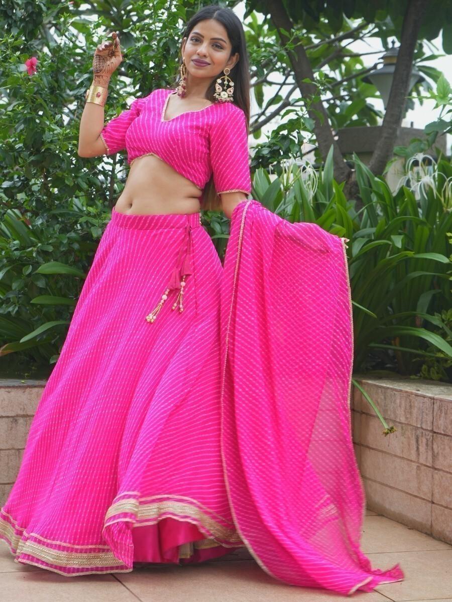 Beautiful Pink Lahariya Print Georgette Sangeet Wear Lehenga Choli