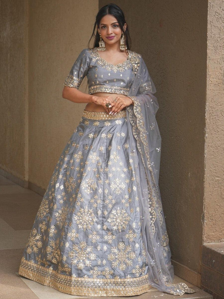 Awesome Grey Paper Mirror Work Silk Designer Lehenga Choli With Dupatta