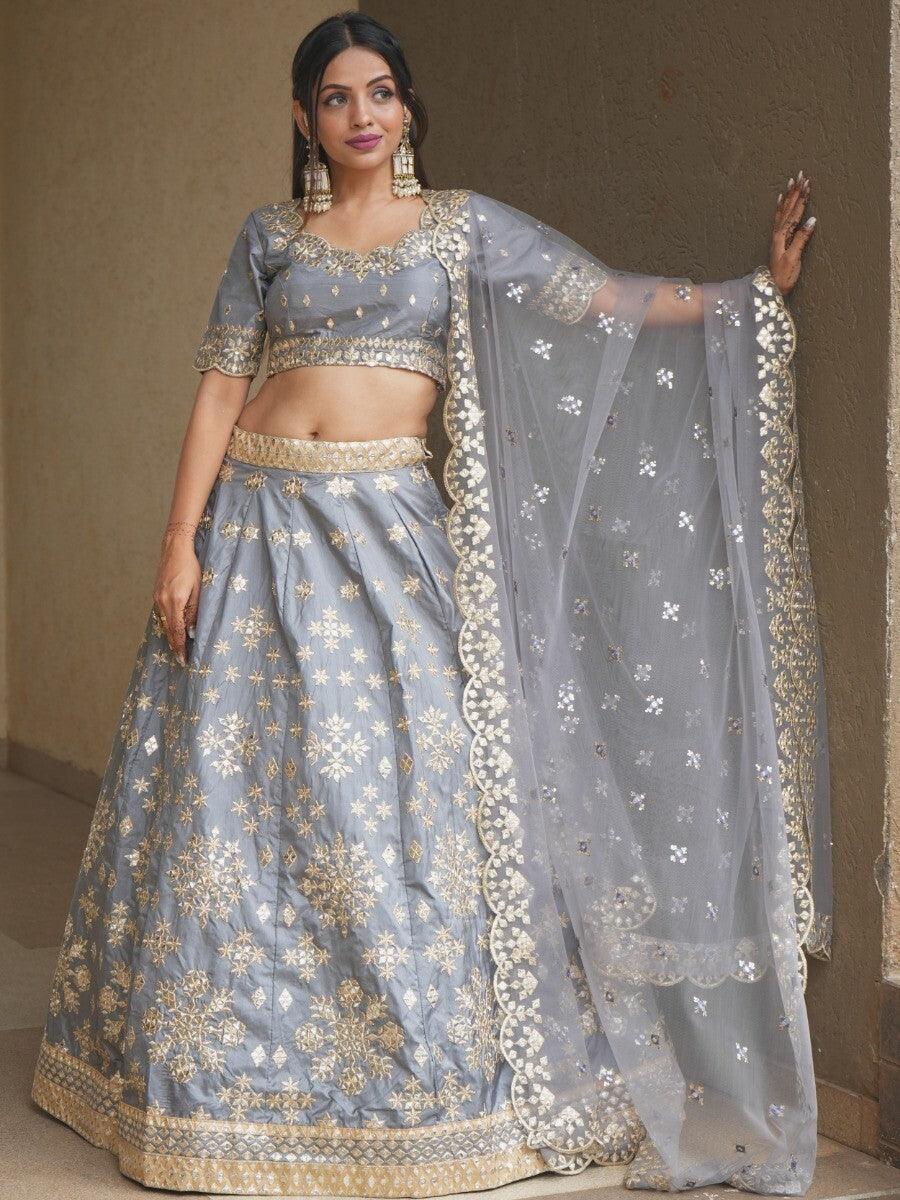 Awesome Grey Paper Mirror Work Silk Designer Lehenga Choli With Dupatta