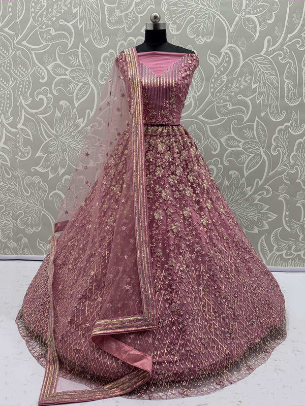 Shiny Pink Multi Thread Work Net Engagement Wear Lehenga With Blouse