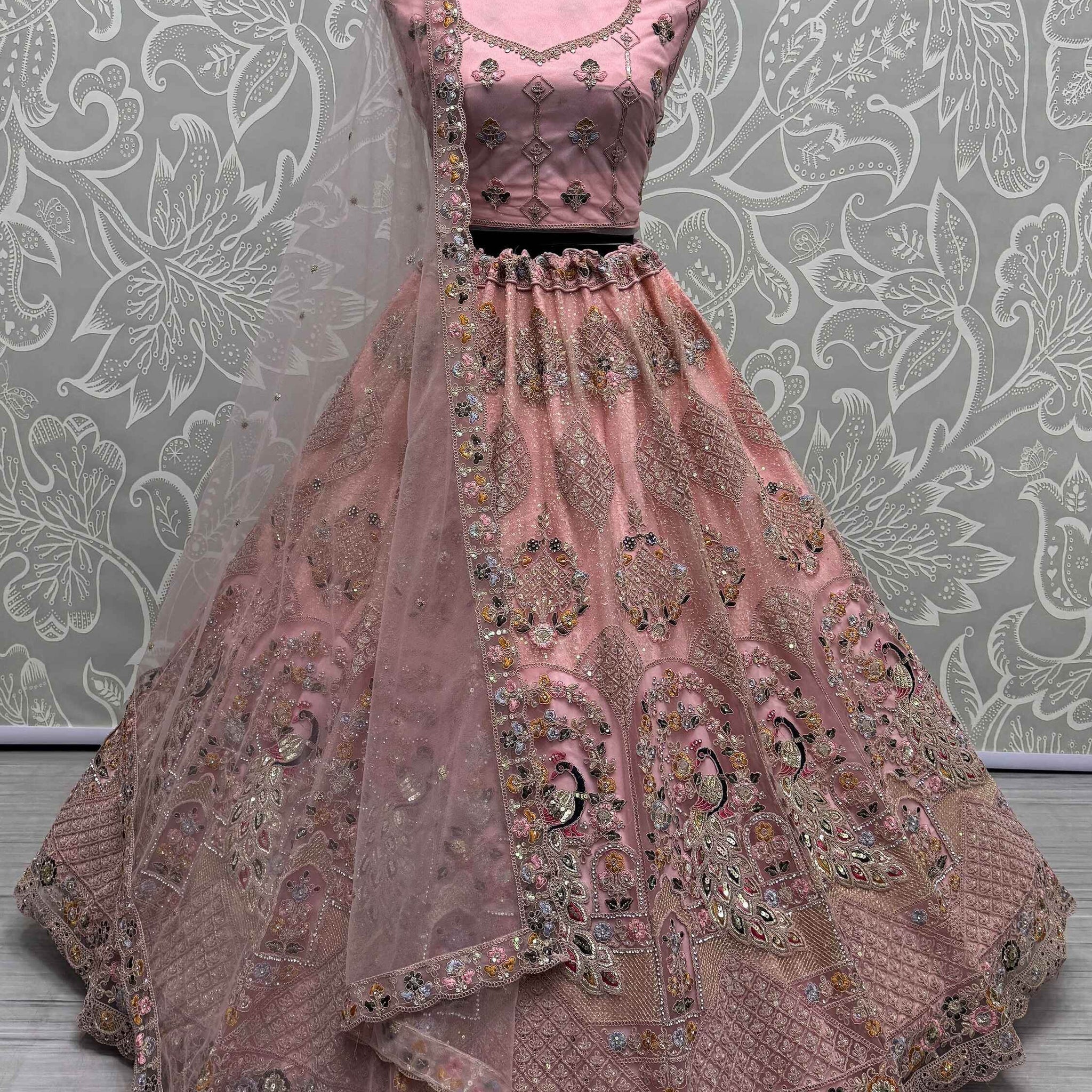 Shocking Peach Sequins Work Net Bridesmaid Lehenga Choli - Zeel Clothing