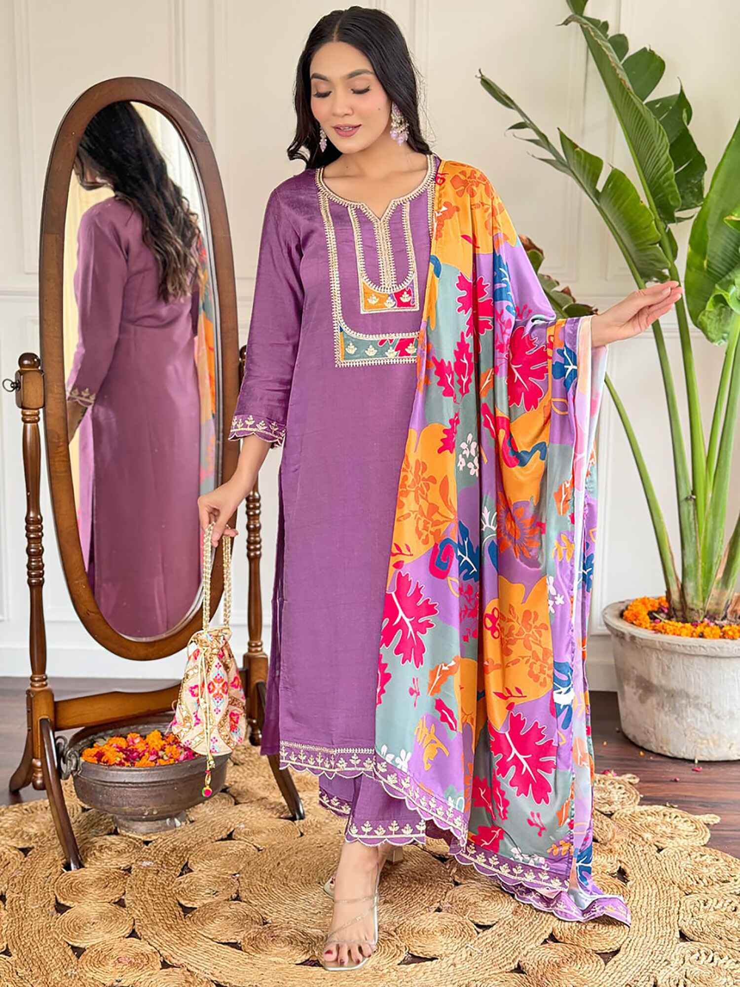 Shocking Purple Thread Embroidered Viscose Straight Suit With Dupatta - Zeel Clothing