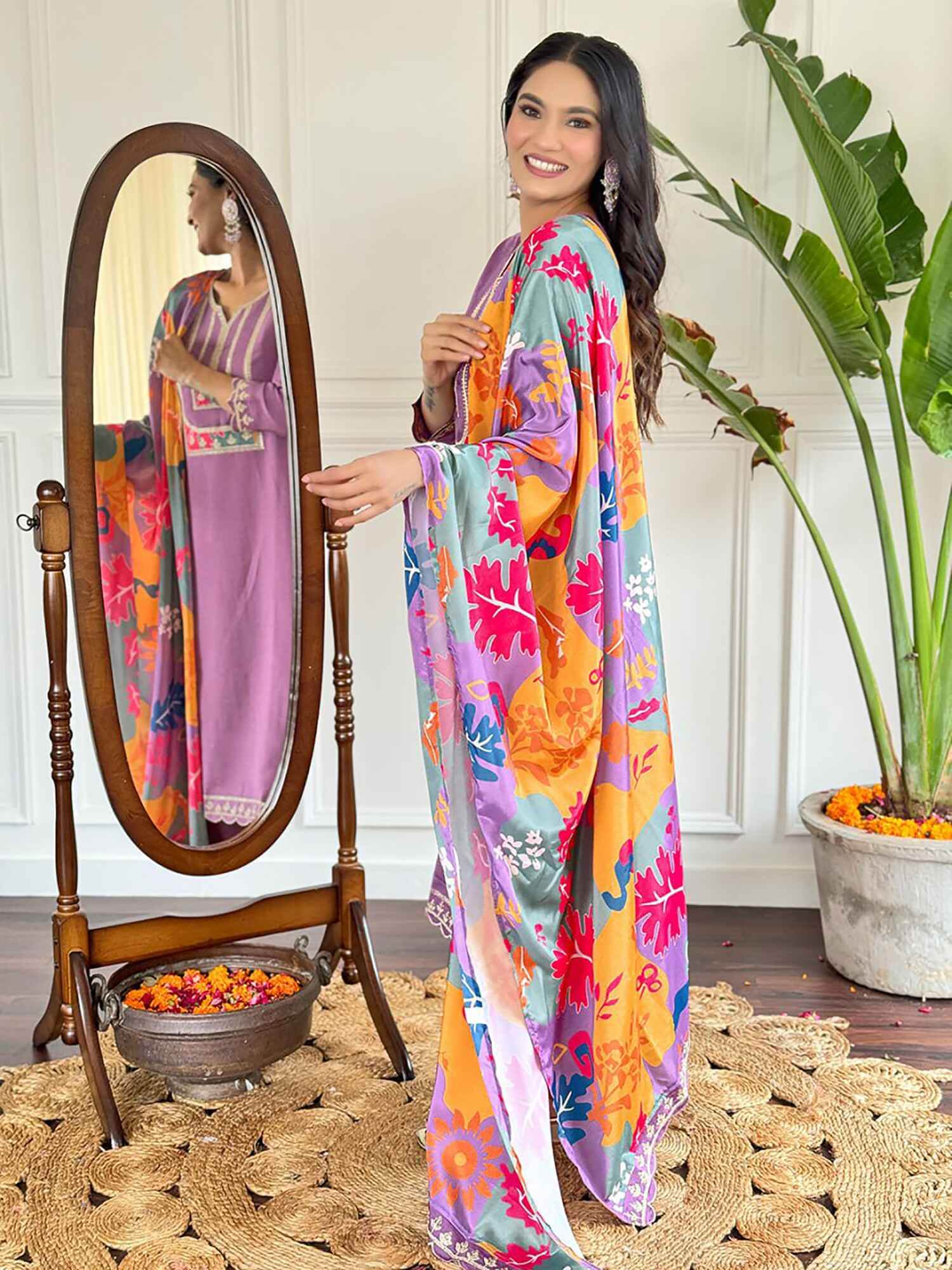 Shocking Purple Thread Embroidered Viscose Straight Suit With Dupatta - Zeel Clothing