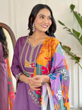 Shocking Purple Thread Embroidered Viscose Straight Suit With Dupatta - Zeel Clothing