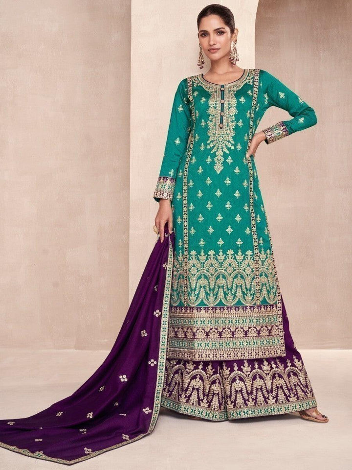 Adorable Aqua Blue Embroidered Silk Festive Wear Palazzo Suit