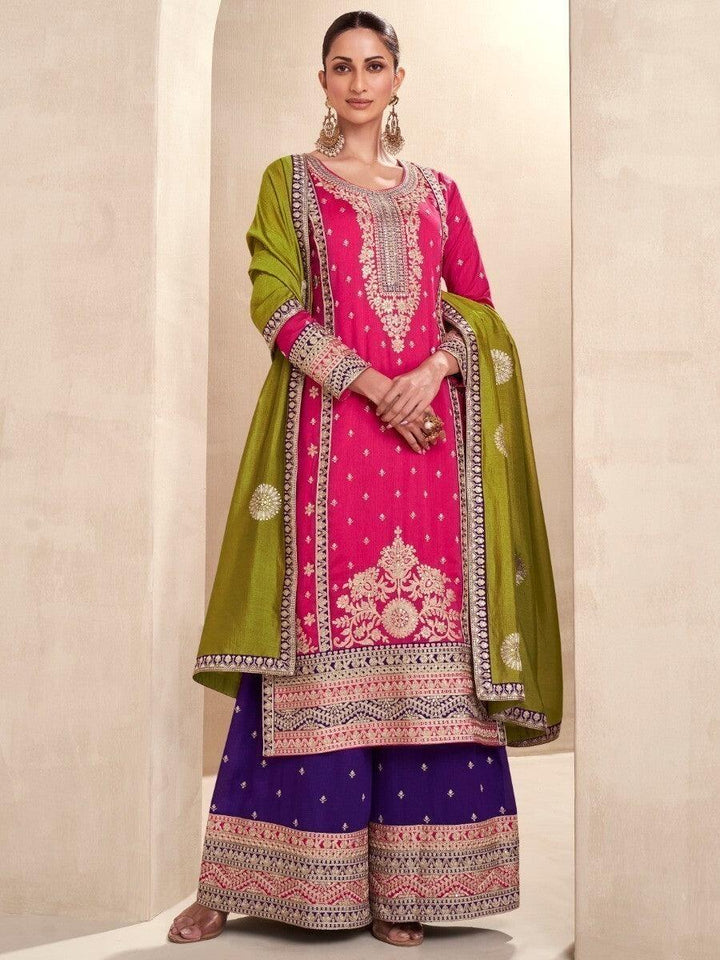 Charming Pink Embroidered Silk Reception Wear Palazzo Suit