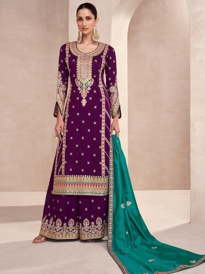 Fabulous Purple Embroidered Silk Wedding Wear Palazzo Suit