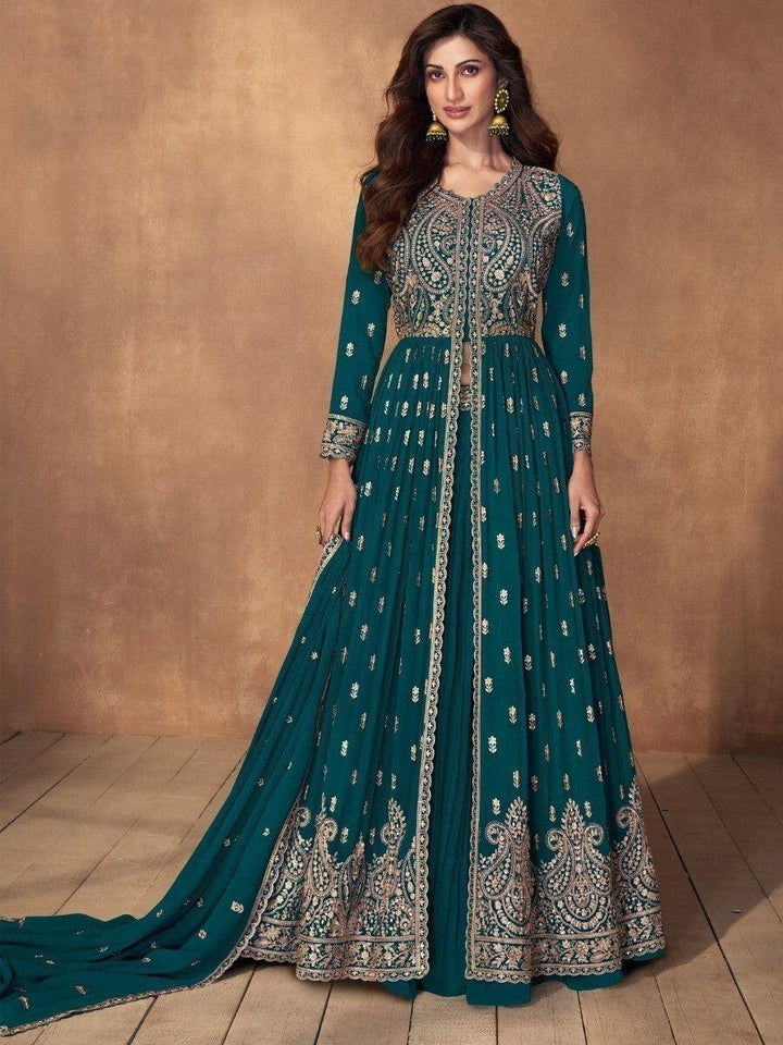 Engaging Rama Green Embroidered Georgette Lehenga Suit With Dupatta