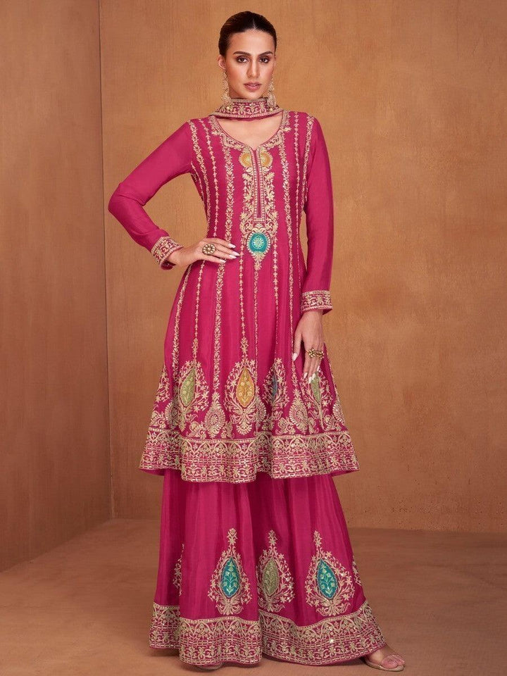 Amazing Pink Embroidered Chinon Wedding Wear Palazzo Suits