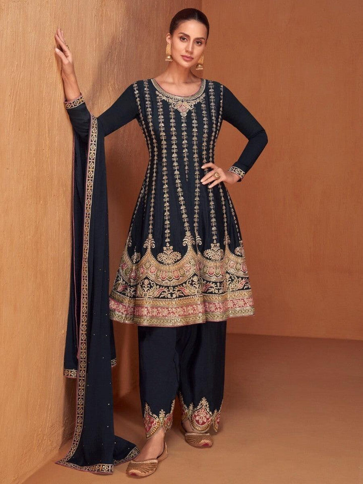 Graceful Black Embroidered Chinon Designer Salwar Suits With Dupatta
