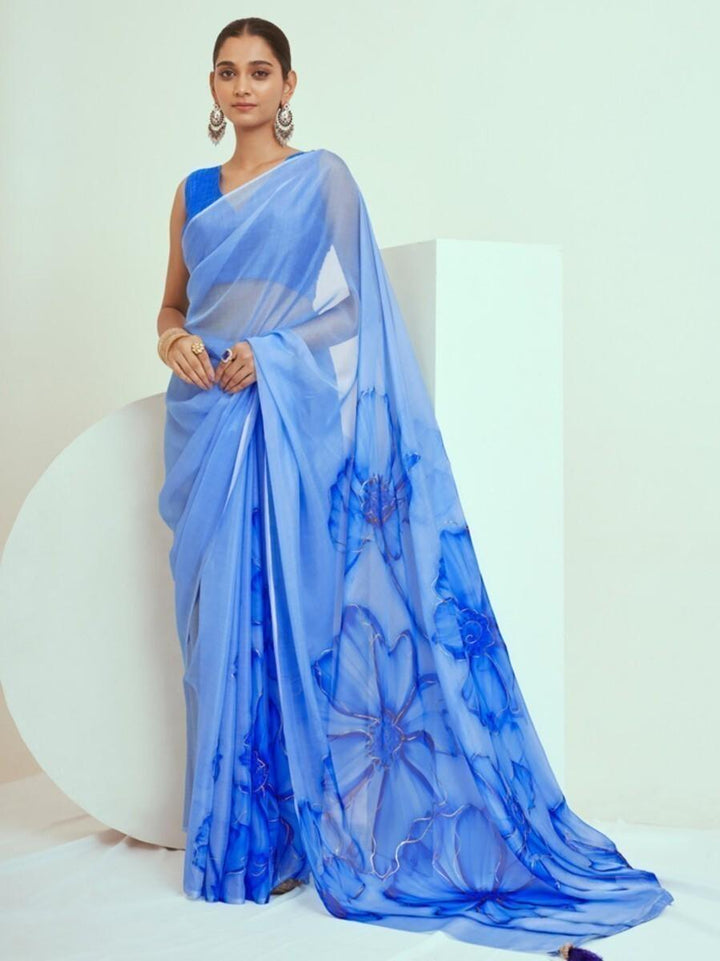 Beautiful Blue Floral Print Georgette Designer Saree With Blouse