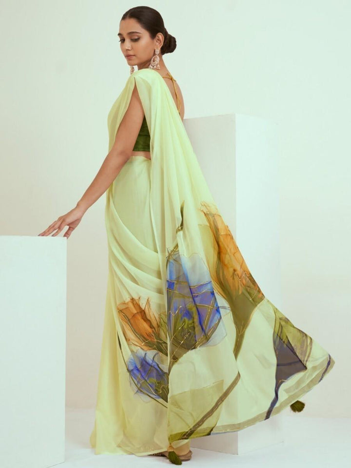 Fancified Light Green Printed Georgette Wear Saree With Blouse