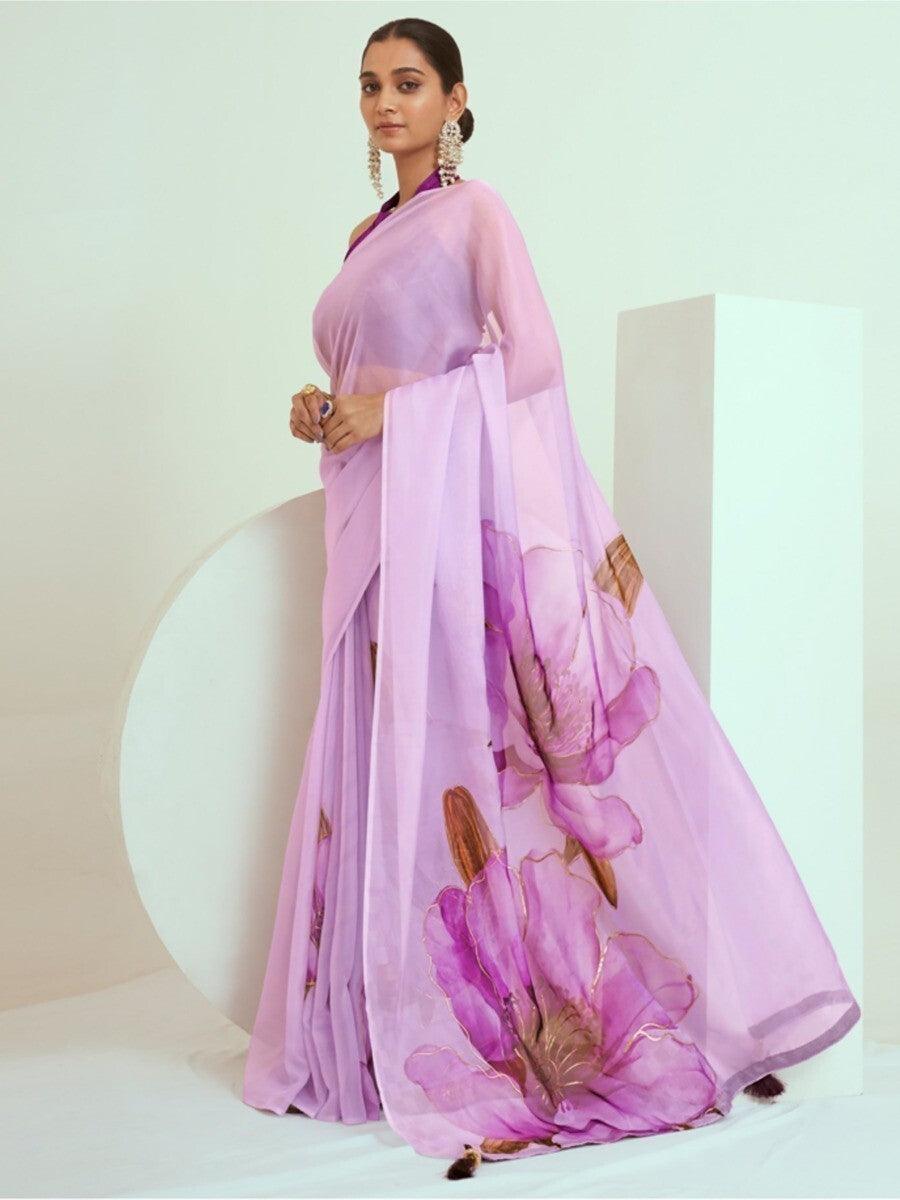 Attractive Lavender Floral Print Georgette Festive Wear Saree With Blouse