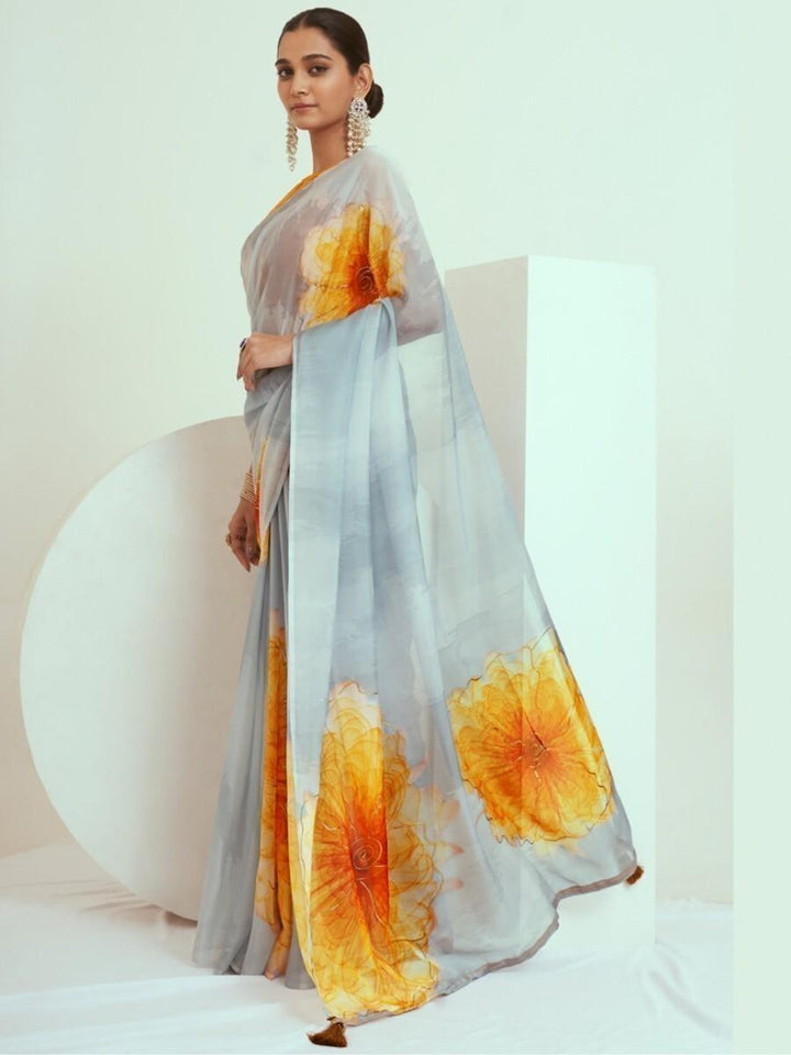 Awesome Grey & Orange Printed Georgette Saree With Blouse