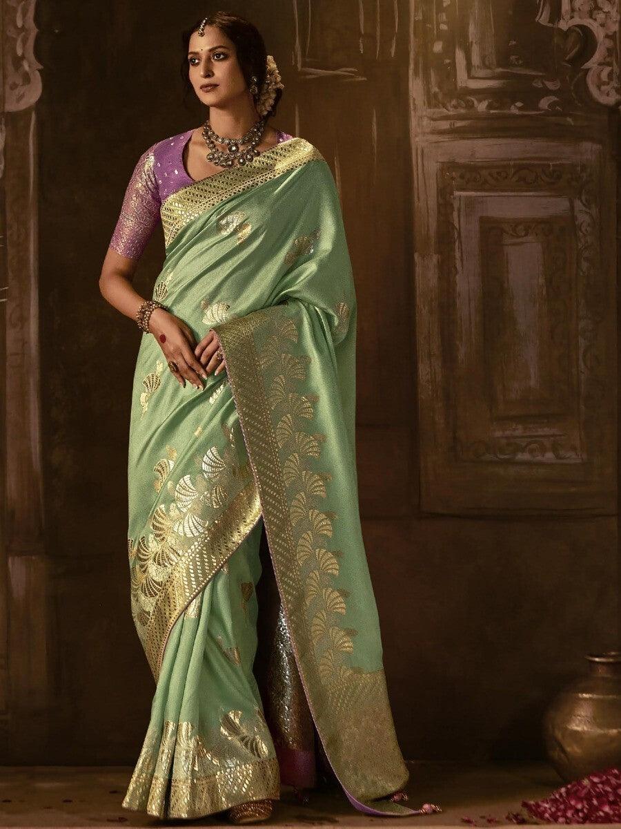 Awesome Sea Green Zari Woven Silk Designer Saree With Blouse