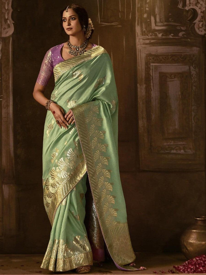 Awesome Sea Green Zari Woven Silk Designer Saree With Blouse