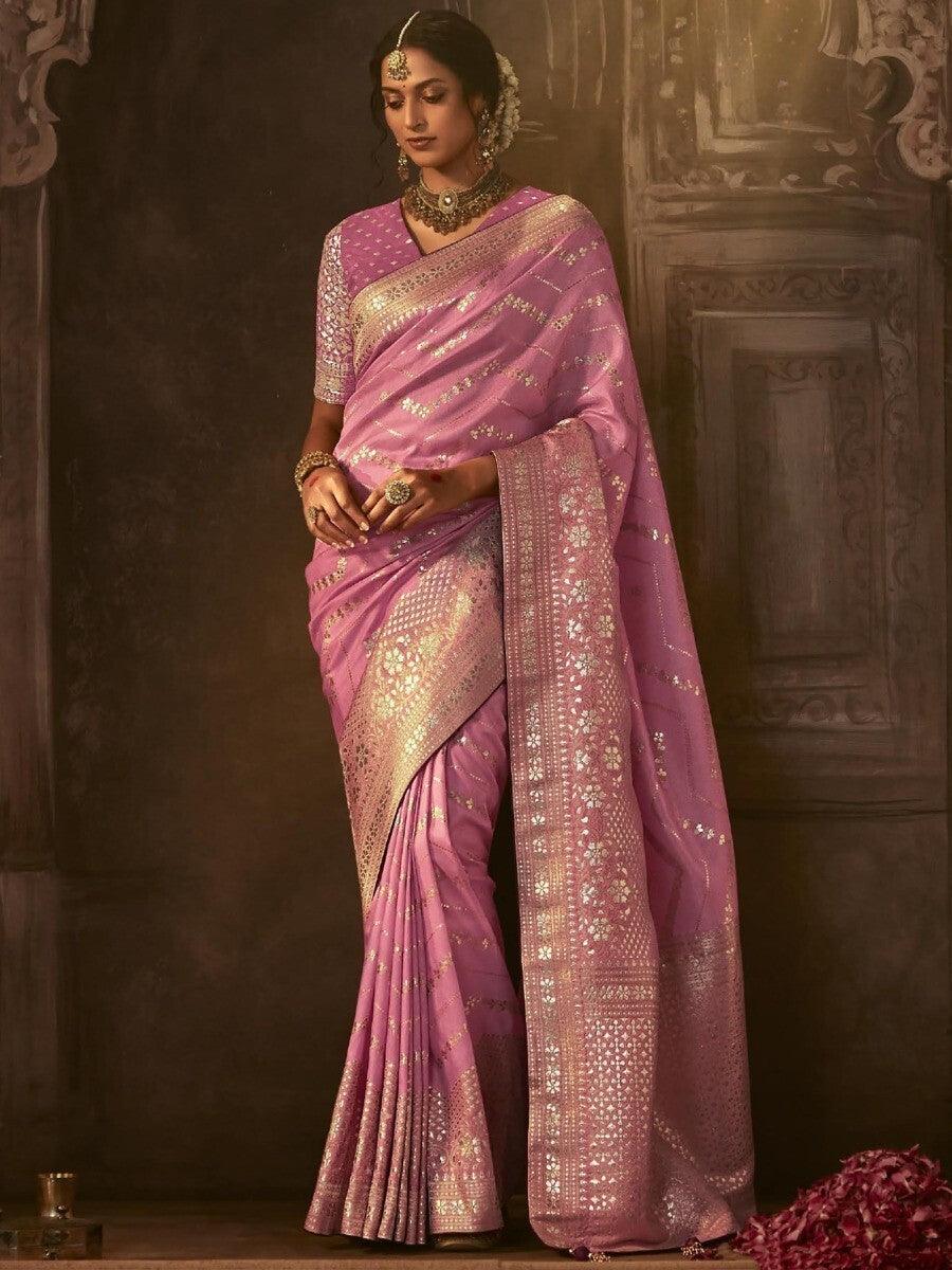 Charming Pink Zari Woven Silk Reception Wear Saree With Blouse