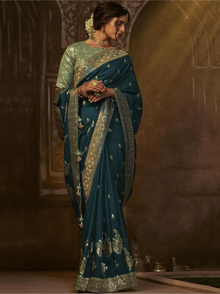Captivating Teal Blue Zari Woven Silk Sangeet Wear Saree With Blouse