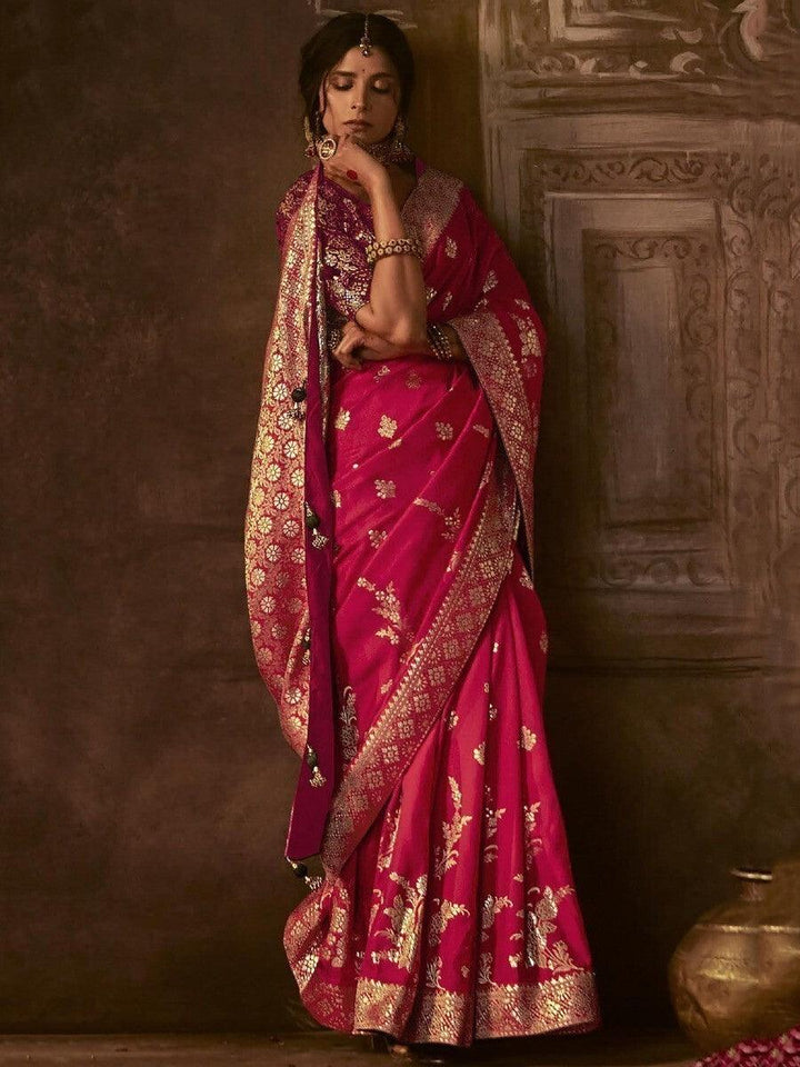 Beautiful Dark Pink Zari Woven Silk Wedding Wear Saree With Blouse